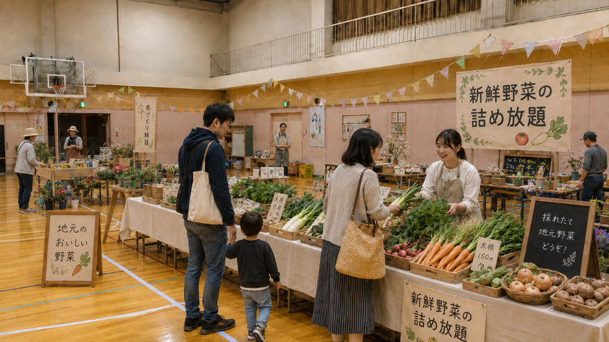 新鮮野菜の詰め放題など、会場に並ぶ出展ブース